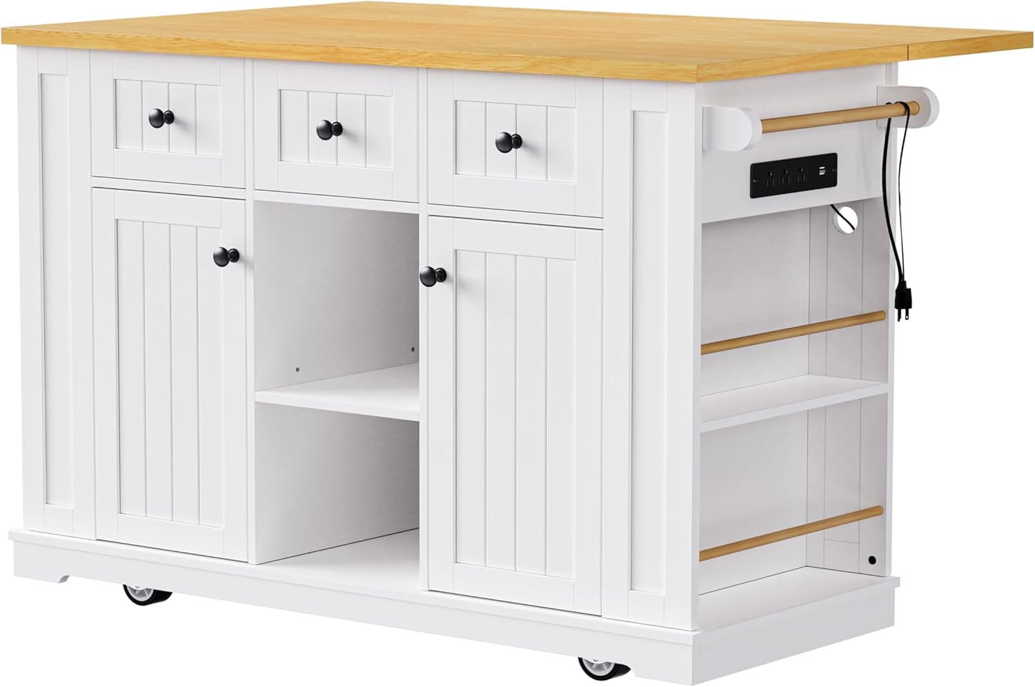 Kitchen Storage Island on Wheels with Drop Leaf & Power Outlet, Rolling Kitchen Island Cart with Open Side Racks, Door Shelves and Towel Bar, 53-Inch, White