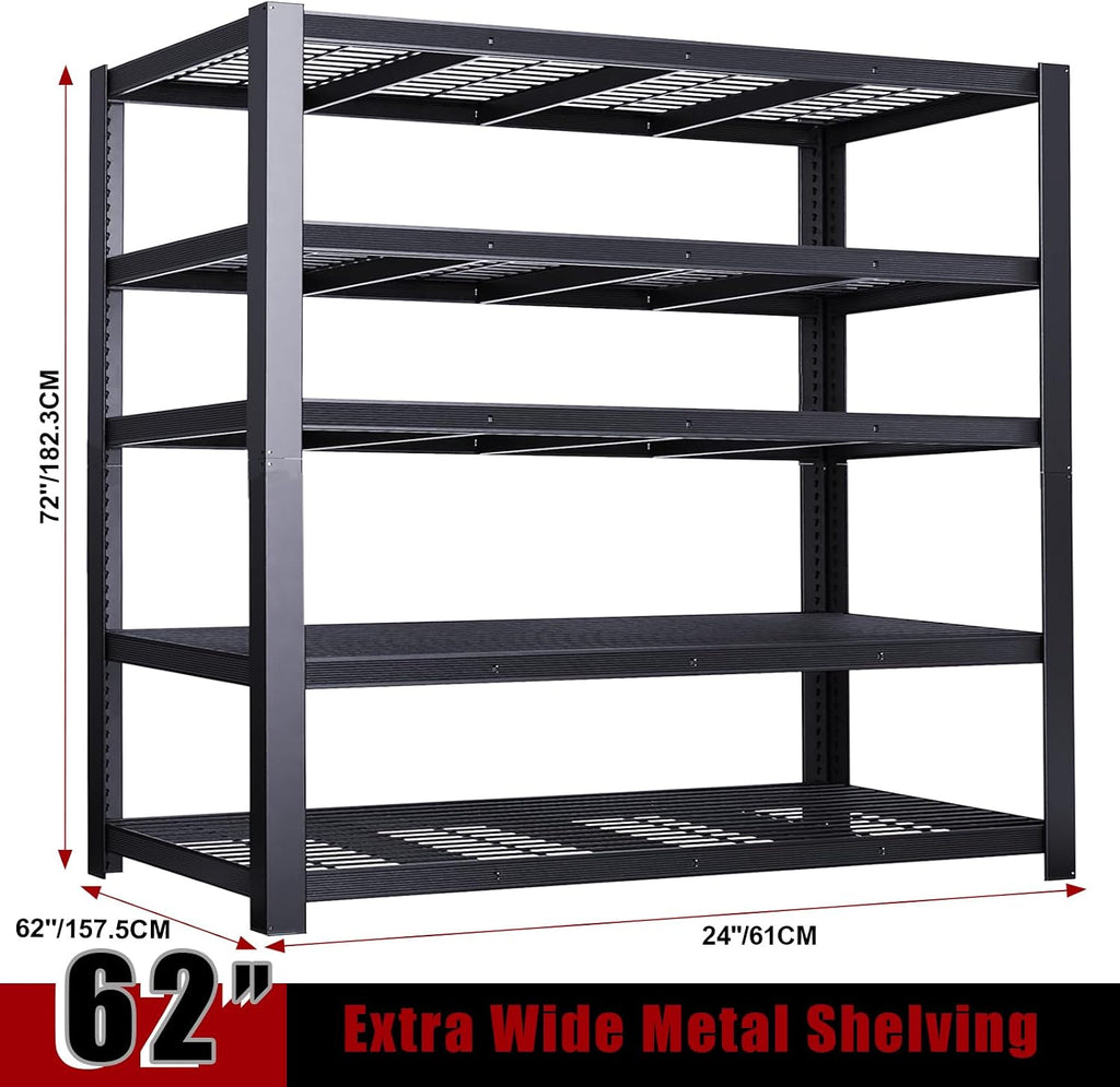 62' W 3050LBS Storage Shelves Unit,5 Tier Heavy Duty Metal Shelving Unit and Storage Large Rack,72' H x62 W x24 D Adjustable Metal Shelving Unit,Garage Shelves for Basement,Warehouse