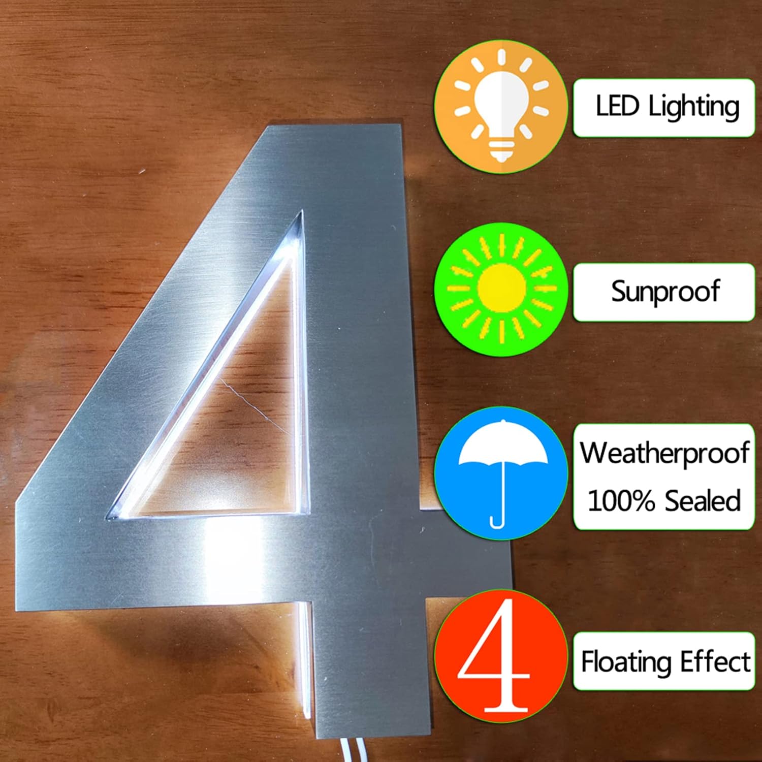 16' Modern Backlit House Numbers Plaques With Lights, Illuminated Door Number Plaques For Wall, Stainless Steel House Address Numbers For Outside,3