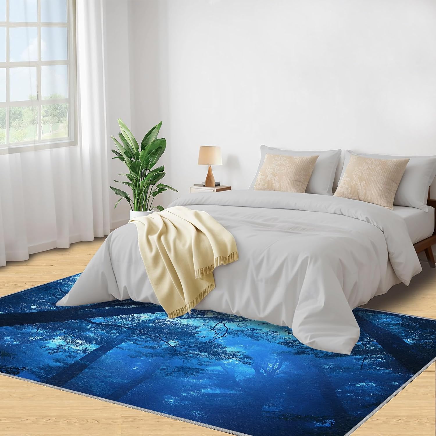 Misty Forest Area Rug Large - 6x8 Rug, Blue Forest Rugs for Living Room, Woodland Area Rugs for Bedroom, Natural Scenery Washable Carpet, Landscape Home Decor & Gifts