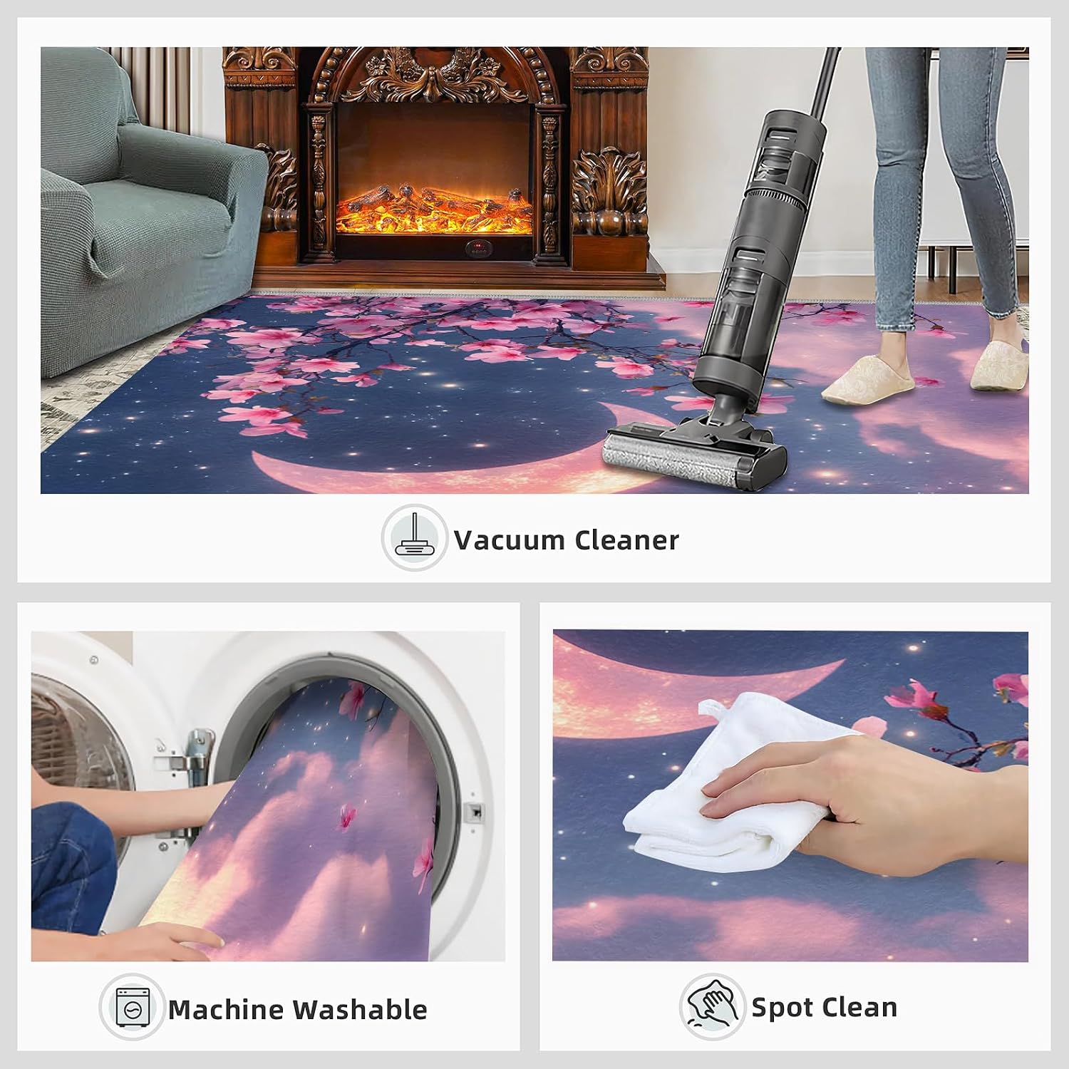 Cherry Blossoms Rug 6x8, Pink Flowers Rugs for Living Room, Japanese Style Rugs for Bedroom, Washable Area Rug, Non Slip Carpet for Hardwood Floors
