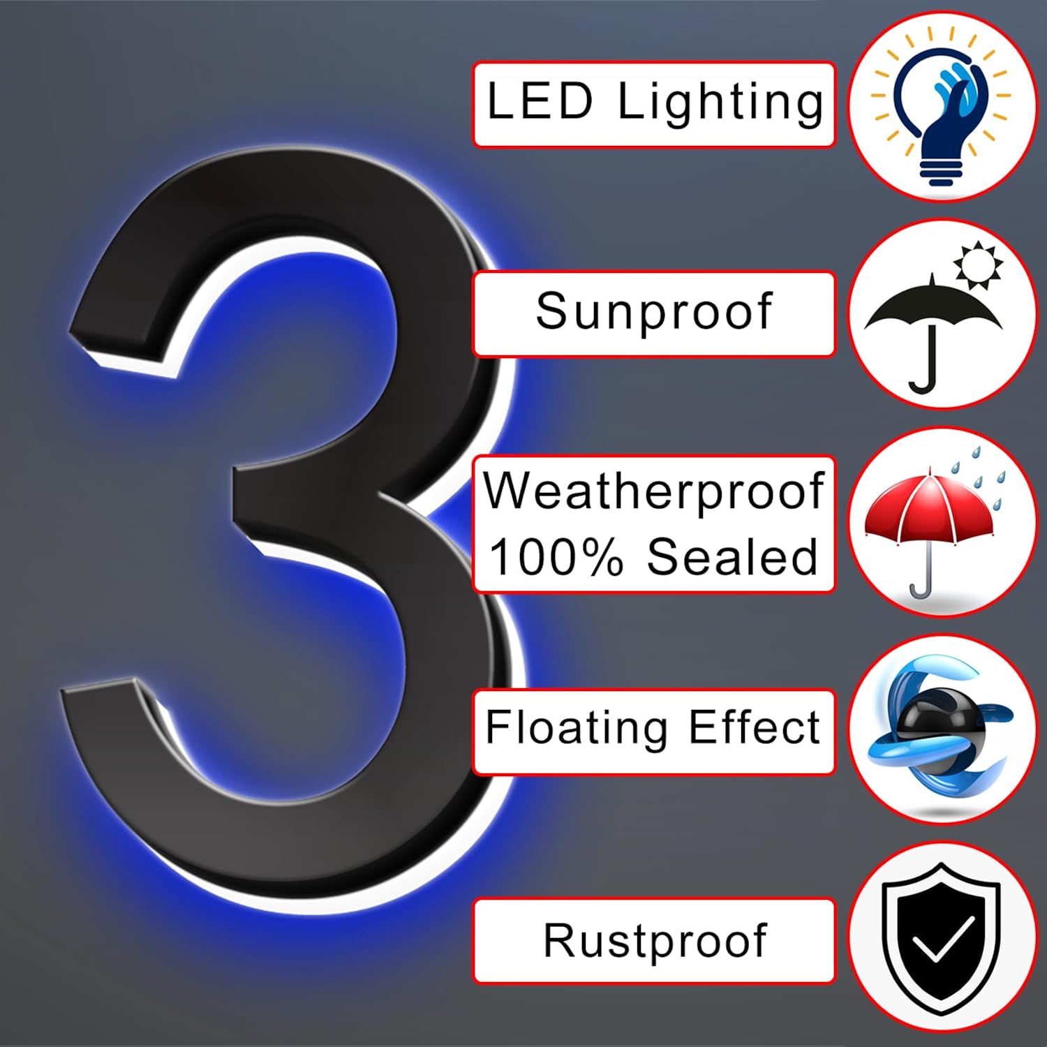 Illuminated LED House Numbers, Backlit LED Home Address Number, Stainless Steel Hand-Polished For House Address Signs, Lighted House Numbers For Outside,18 Inch/450mm,3
