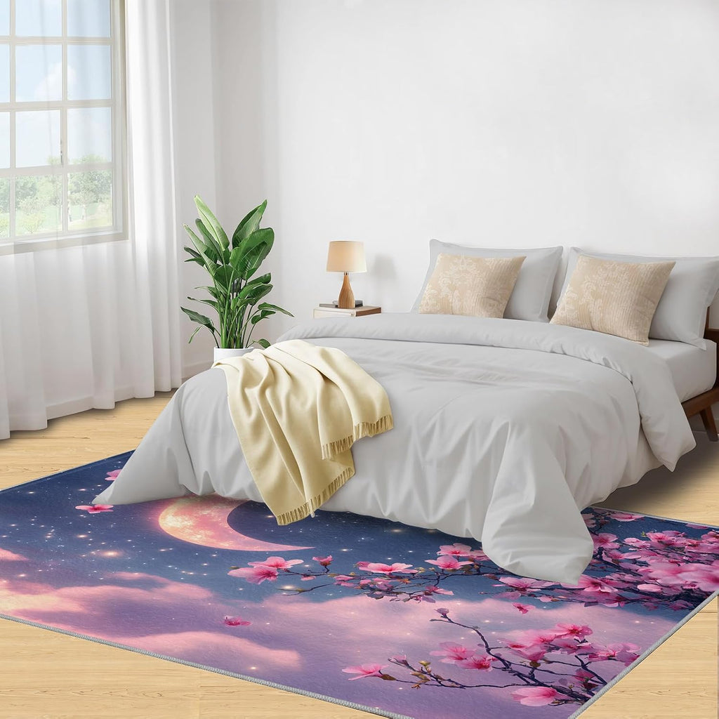 Cherry Blossoms Rug 6x8, Pink Flowers Rugs for Living Room, Japanese Style Rugs for Bedroom, Washable Area Rug, Non Slip Carpet for Hardwood Floors