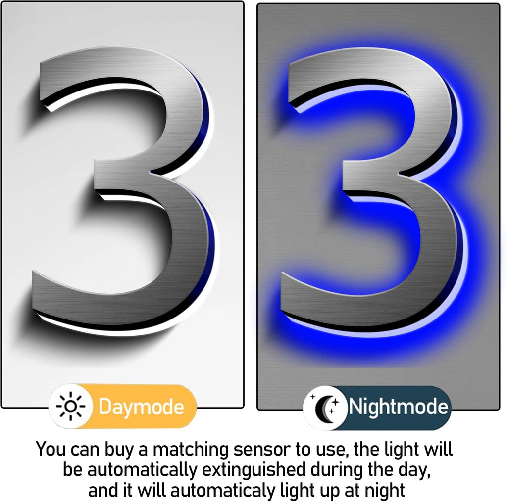 Illuminated House Numbers 18 Inch, Backlit Illuminated LED House Address Numbers For Outside, Modern Metal Lighted Address Numbers Signs, Brushed Silver, Blue Light,M