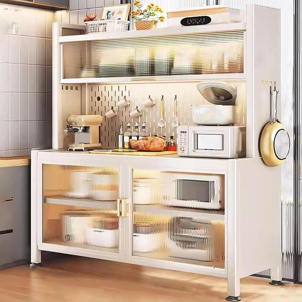 Bakers Rack with Storage Shelves, Coffee Bar with Cabinet, Kitchen Pantry Hutch, Expanded Space, with Wheels(White,100cm)