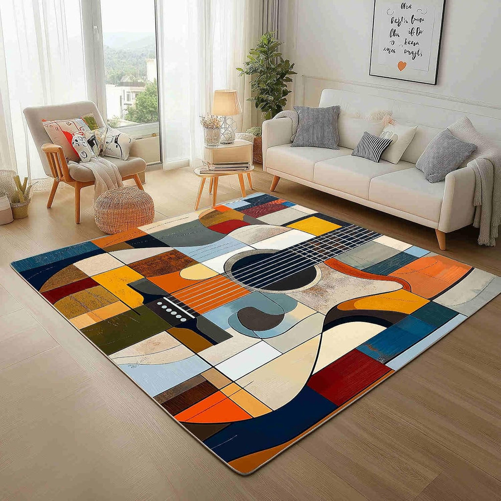 Color - Blocked Guitar Design 8x10 Washable Large Area Rug Geometric Division Patterns Carpet for Study Bedroom Nursery, Washable Rugs Non Slip Soft CarpetTeal Blue Living Room Rugs Non-Slip