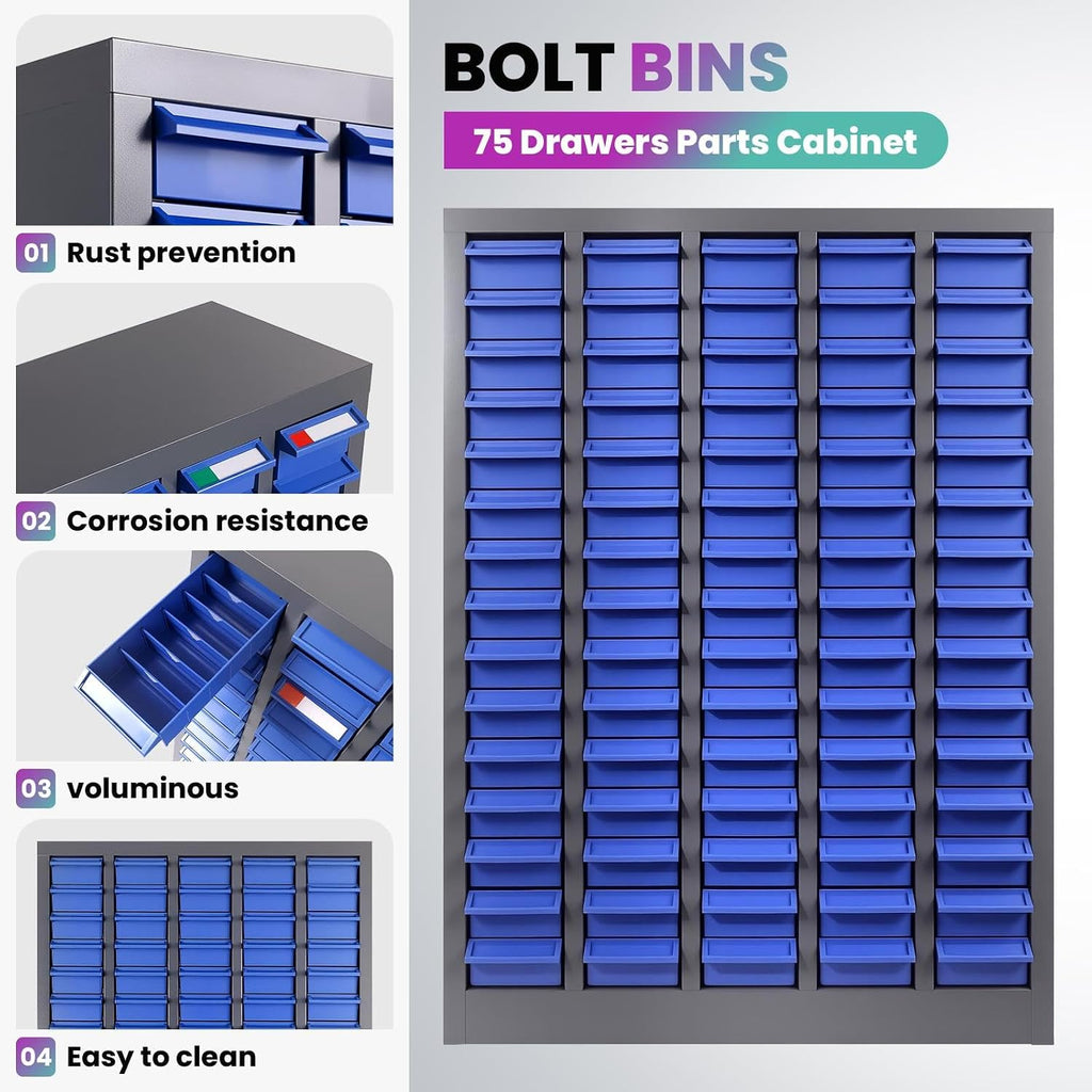 75-Drawer Small Part Organizer with 5 Dividers & 2 Labels Per Drawer, Nut and Bolt Organizer with Rear Stops, Rust Prevention & Corrosion Resistant Part Cabinet for Mechanics (75-Drawer)