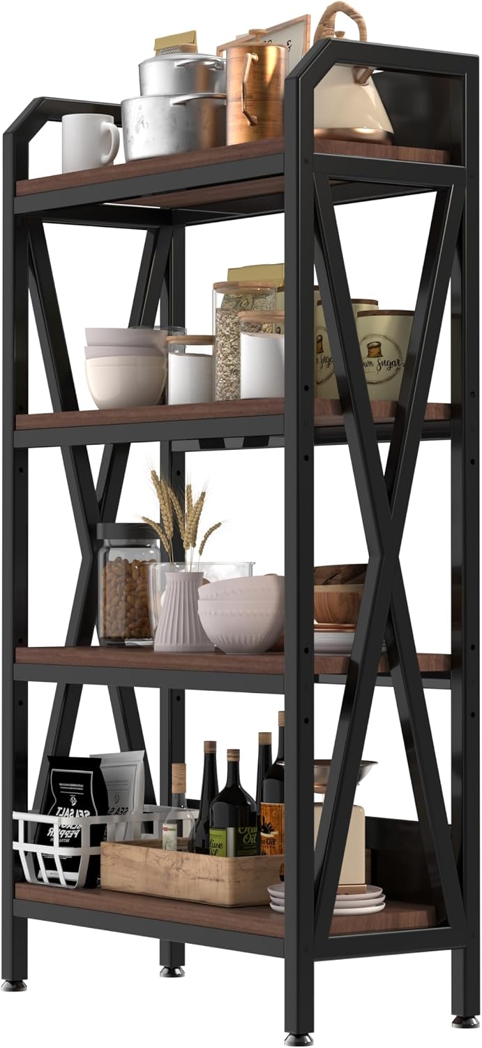 Stylish 4-Tier Baker's Rack with Wood Shelves and Metal Frame for Kitchen Pantry Organization, Garage, Bathroom or Closet Storage