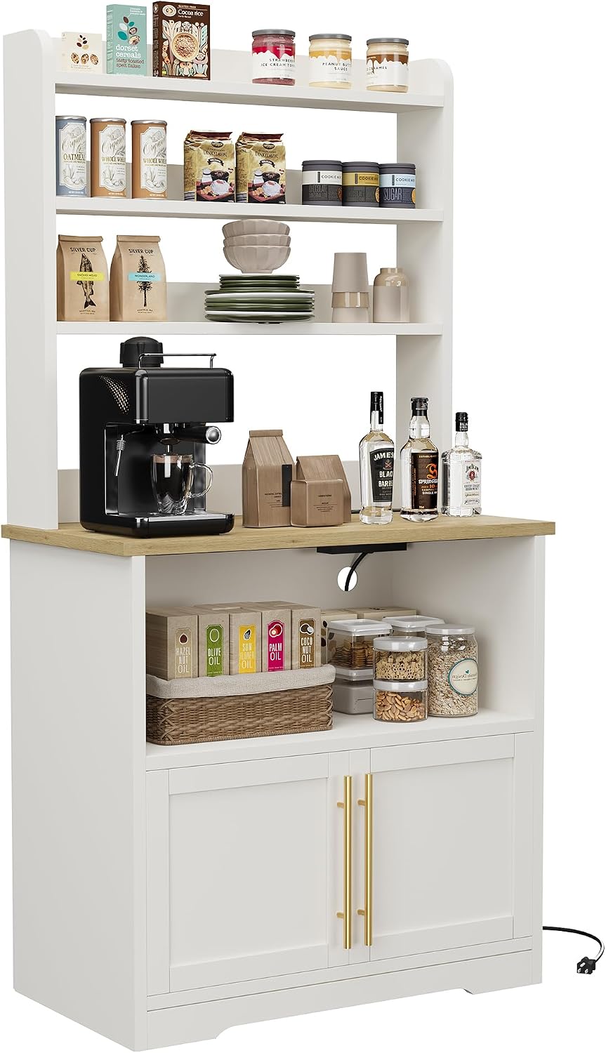 TrailBlaze Farmhouse Bakers Rack – Storage Cabinet & Thick Tabletop – Coffee Bar & Microwave Stand – Power Outlets & USB – Color: White Wood, US Standard Power