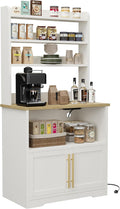 TrailBlaze Farmhouse Bakers Rack – Storage Cabinet & Thick Tabletop – Coffee Bar & Microwave Stand – Power Outlets & USB – Color: White Wood, US Standard Power
