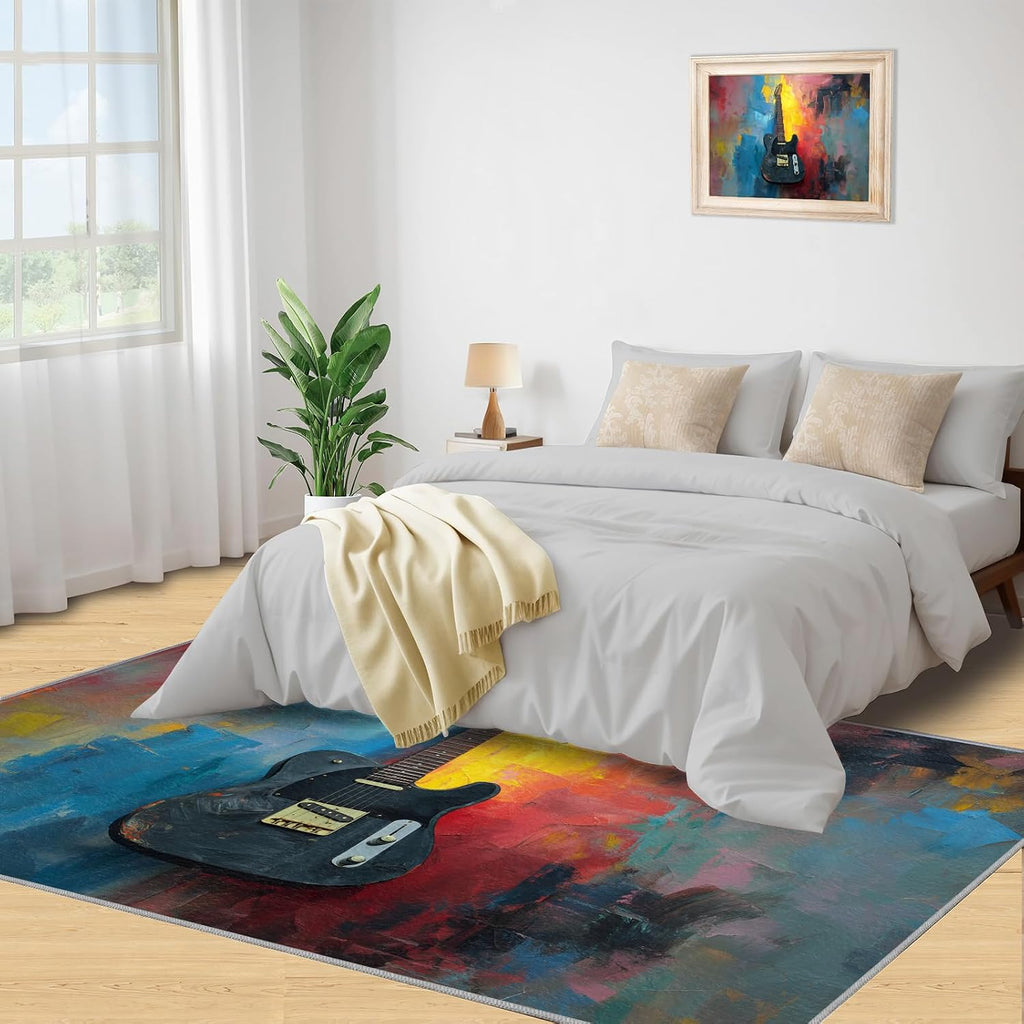 Guitar Rugs for Music Room - Boys Musical Rug, 6x8 Rug, Music Washable Rugs for Living Room Bedroom, Abstract Graffiti Area Rug, Rock and Roll Carpet - Home Decor, Electric Guitars Gifts for Men