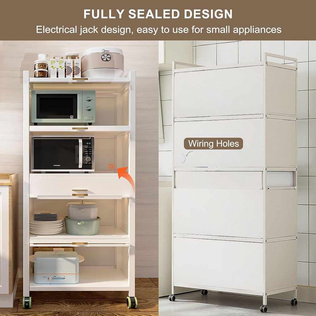 5 -Tier Kitchen Hutch with Flip Door Cabinet, Bakers Rack with Drawers, Coffee Cabinet Bar, Microwave Cart with Brakeable Casters, Pantry Cabinets for Kitchen Storage,White,60×135cm/23.6×53in