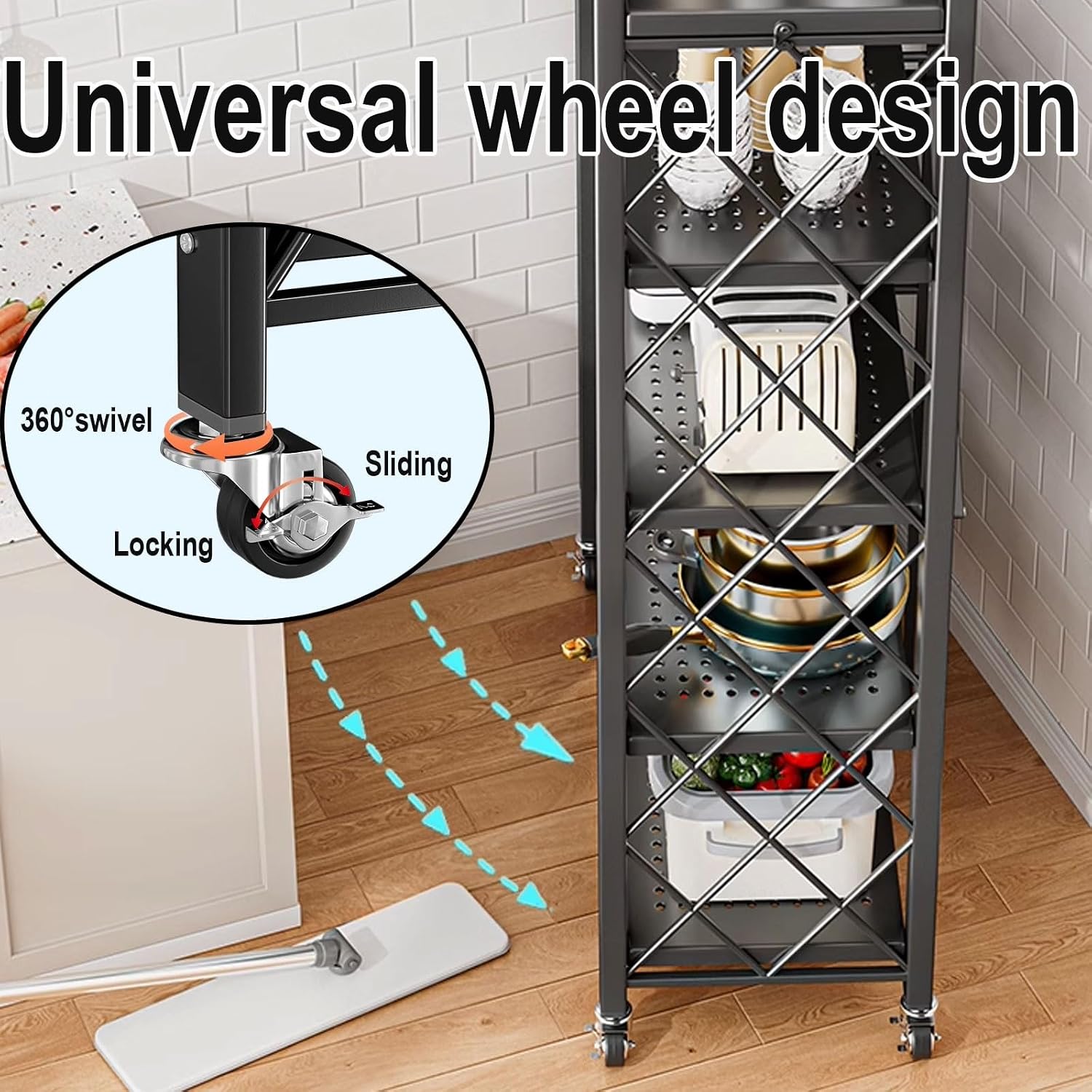 Microwave Stand with Storage Cabinet Made of Carbon Steel Kitchen Baker's Rack with Storage Open Operator Console with Brakeable Casters Foldable(Color:White)