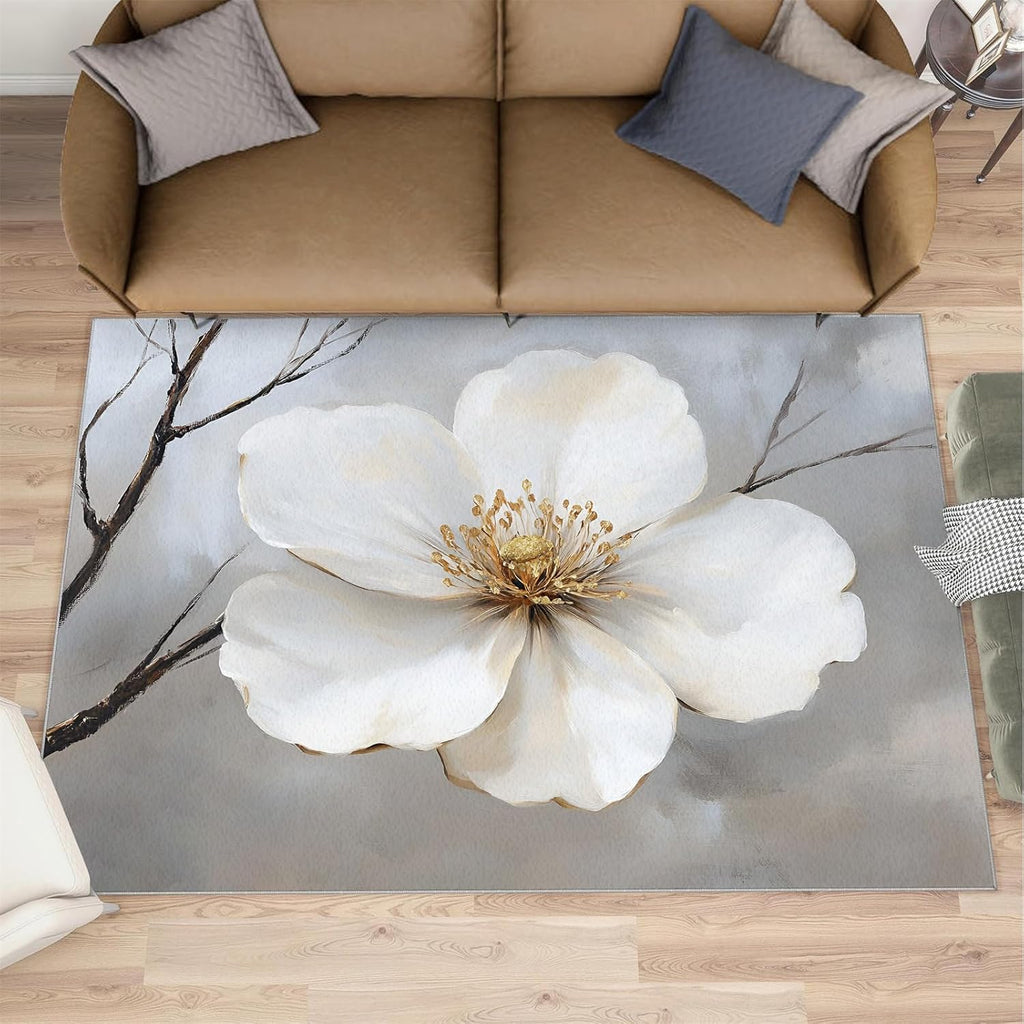 Floral Area Rug Large - 6x8 Rug, White Flower Rugs for Living Room, Modern Area Rugs for Bedroom, Aesthetic Carpet, Washable Carpet, Floral Home Decor & Gifts