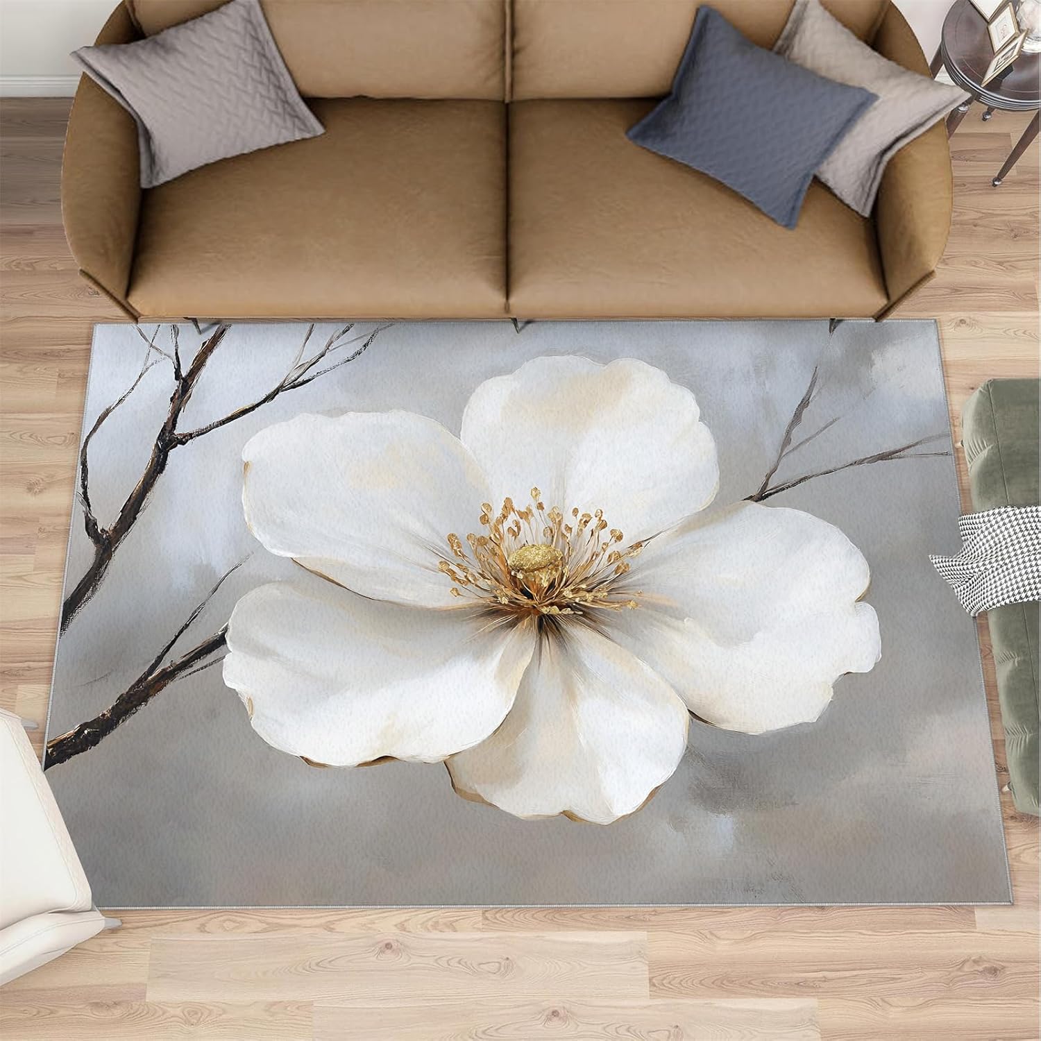Floral Area Rug Large - 6x8 Rug, White Flower Rugs for Living Room, Modern Area Rugs for Bedroom, Aesthetic Carpet, Washable Carpet, Floral Home Decor & Gifts