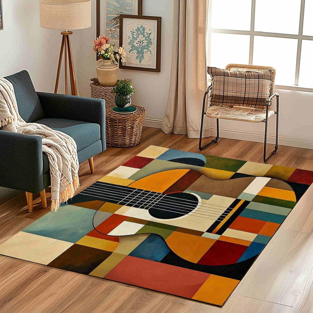 Vibrant Geometric Guitar Segments Area Rug for Bedroom 5x8 Colorful Patchwork Motifs Large Area Rugs Living Room Mustard Yellow Carpet for Study Bedroom Nursery, Washable Rugs Non Slip Soft Carpet