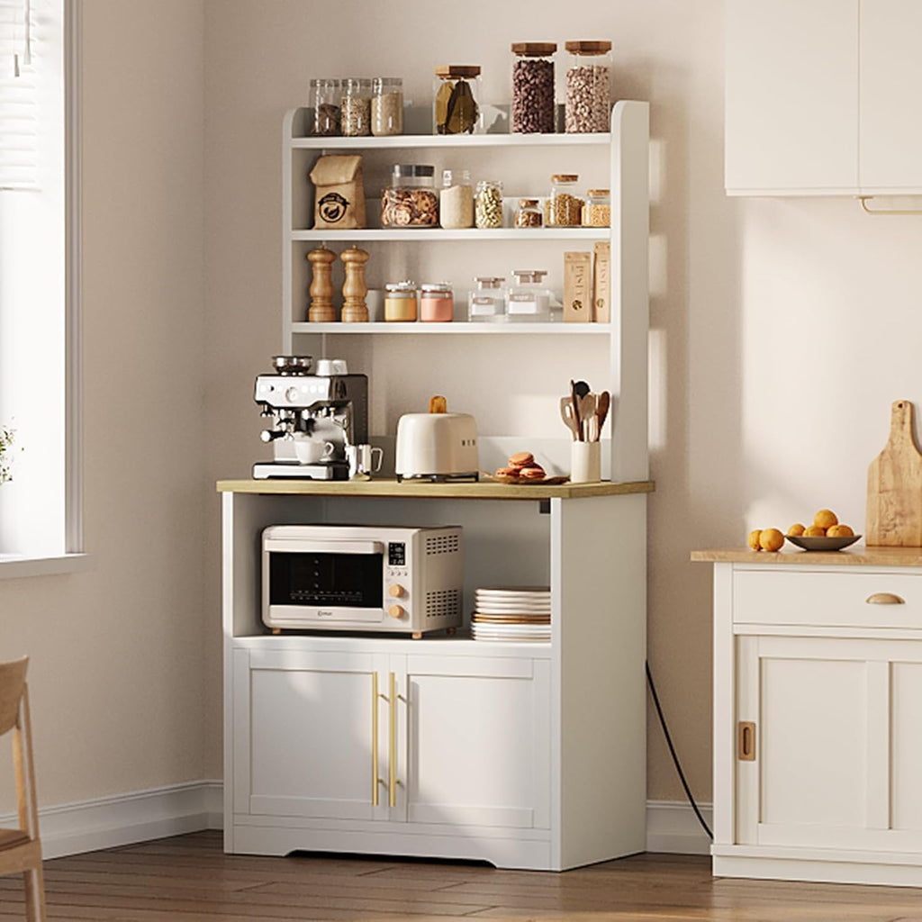 TrailBlaze Microwave Stand with Storage Cabinet, Bakers Rack with Power Outlet and Shelves, Farmhouse Floor Hutch Door Thickened Counter, Storage Shelf Coffee Bar for Kitchen, Dining Room, White