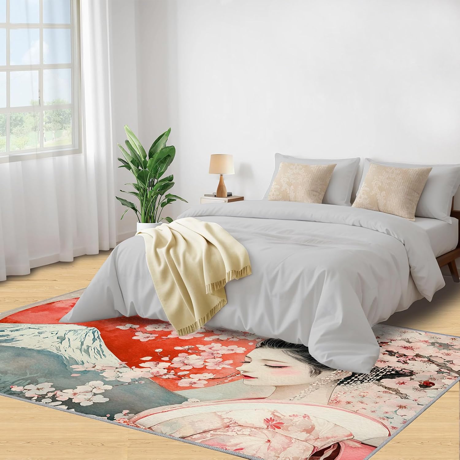 Japanese Rugs for Bedroom, Cherry Blossoms Rug 6x8, Retro Geisha Dining Room Rugs Washable & Non Slip Large Carpet for Home Decor