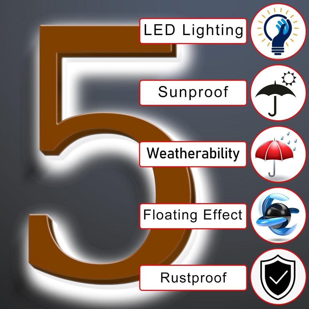 Illuminated LED House Numbers 20 Inch, Backlit LED Illuminated Address Number, Large Modern Lighted House Number For Outdoor, Metal Address Signs, Brown, White Light,8