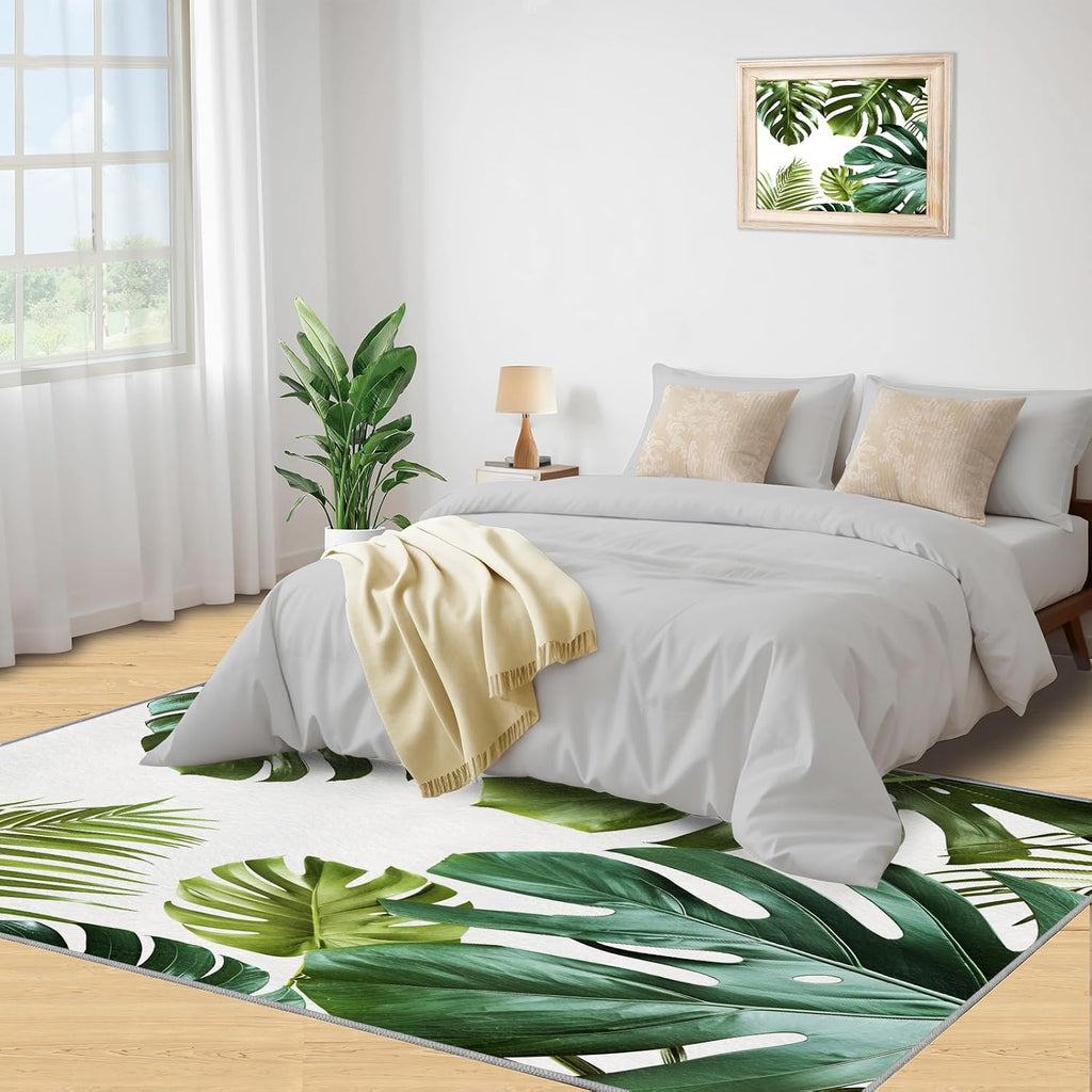 Area Rug 6x8ft, Simple Plants Rugs for Living Room, Leaves Tropical Theme Bedroom Rugs, Ultra Soft Non-Slip Short Pile Carpet for Kids Room Under Kitchen Table Office Bedside