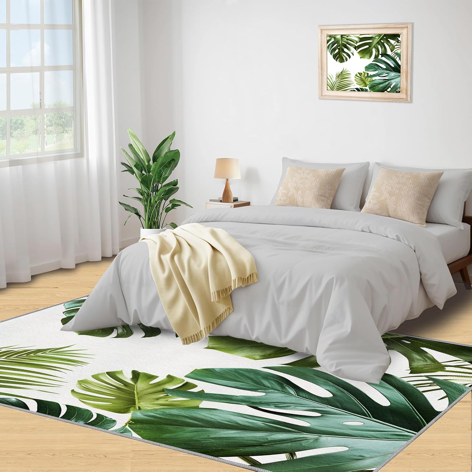 Area Rug 6x8ft, Simple Plants Rugs for Living Room, Leaves Tropical Theme Bedroom Rugs, Ultra Soft Non-Slip Short Pile Carpet for Kids Room Under Kitchen Table Office Bedside