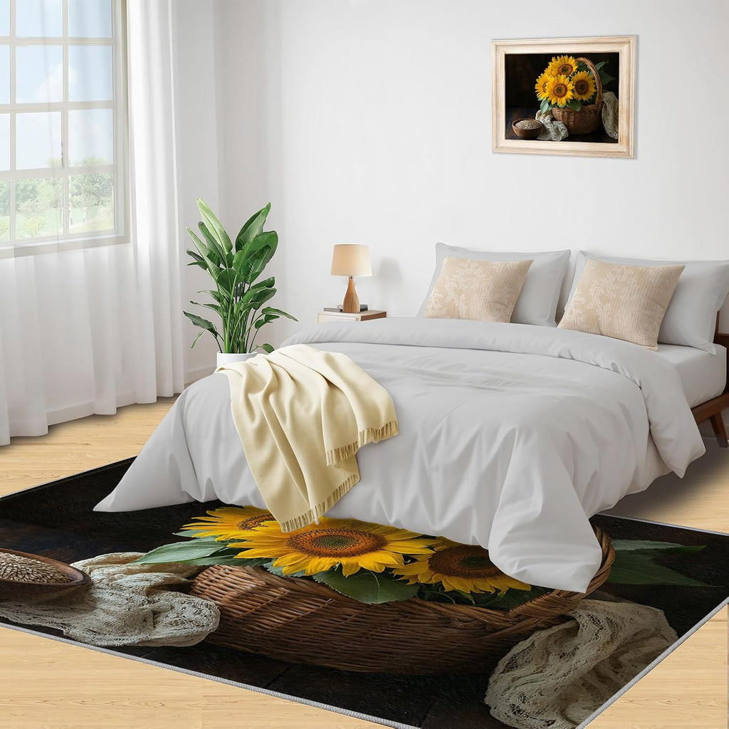 Sunflower Rug Large - 6x8 Rug, Farmhouse Washable Rugs for Living Room, Crops Carpet, Rustic Non-Slip Area Rugs for Bedroom, Floral Carpet, Sunflower Home Decor
