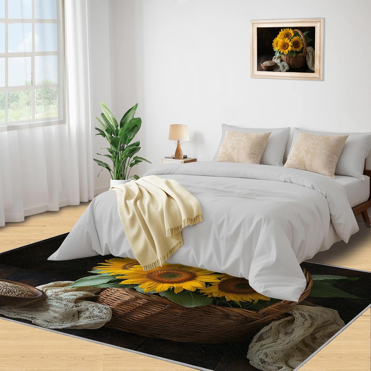 Sunflower Rug Large - 6x8 Rug, Farmhouse Washable Rugs for Living Room, Crops Carpet, Rustic Non-Slip Area Rugs for Bedroom, Floral Carpet, Sunflower Home Decor