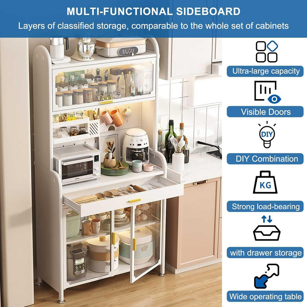 Adjustable 5 Tier Kitchen Bakers Rack with Drawer and Storage Cabinets Free Standing Microwave Stand Shelf Organizer in White 58x31.5in