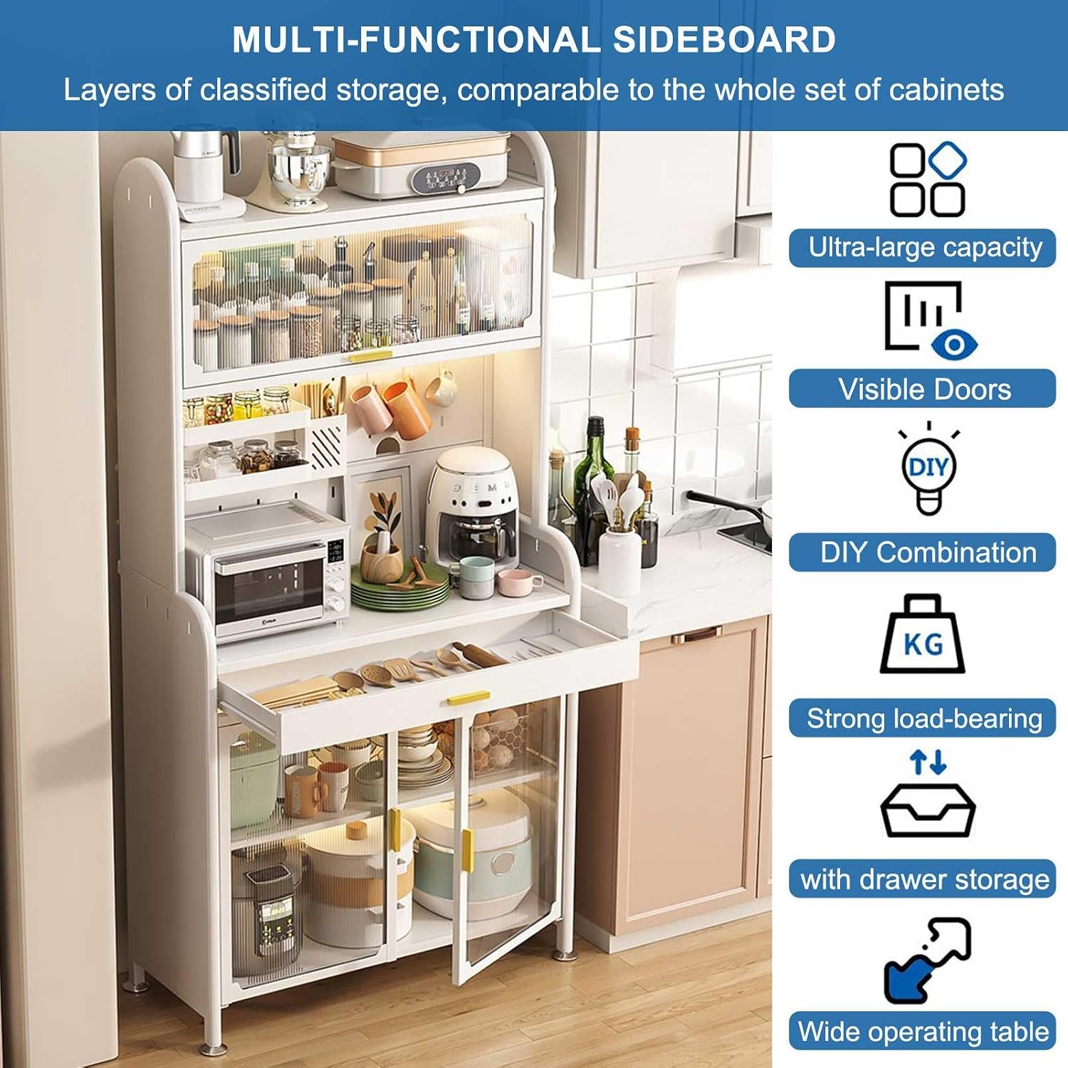Adjustable 5 Tier Kitchen Bakers Rack with Drawer and Storage Cabinets Free Standing Microwave Stand Shelf Organizer in White 58x31.5in