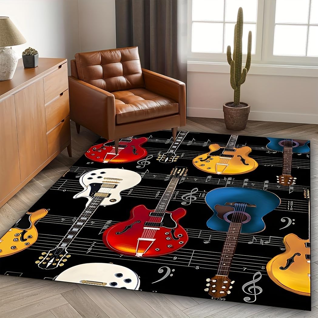 Guitar Print Living Room Rug, 6x8ft, Rock Music Guitar Bass Indoor Rugs, Cozy Thin Fade Resistant Home Decor Rug, Foldable Soft Durable Non Skid Washable Carpets for Kids Teen Bedroom