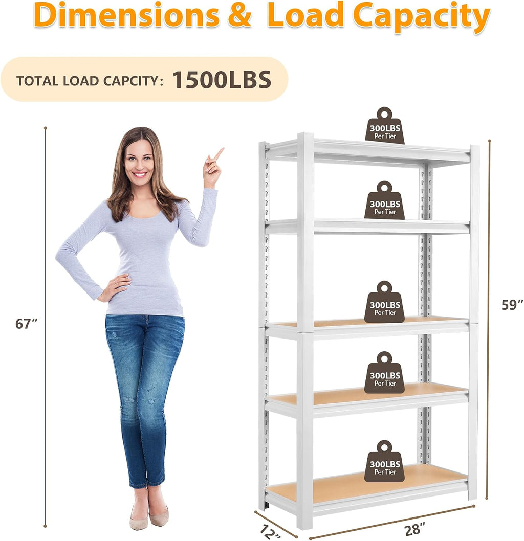 5 Tier White Storage Shelves - Adjustable Pantry Shelves Metal Closet Shelf, Heavy Duty Shelving Unit Utility Rack Organizer for Kitchen Closet Pantry Garage, 28' W x 12' D x 59' H, Set of 2