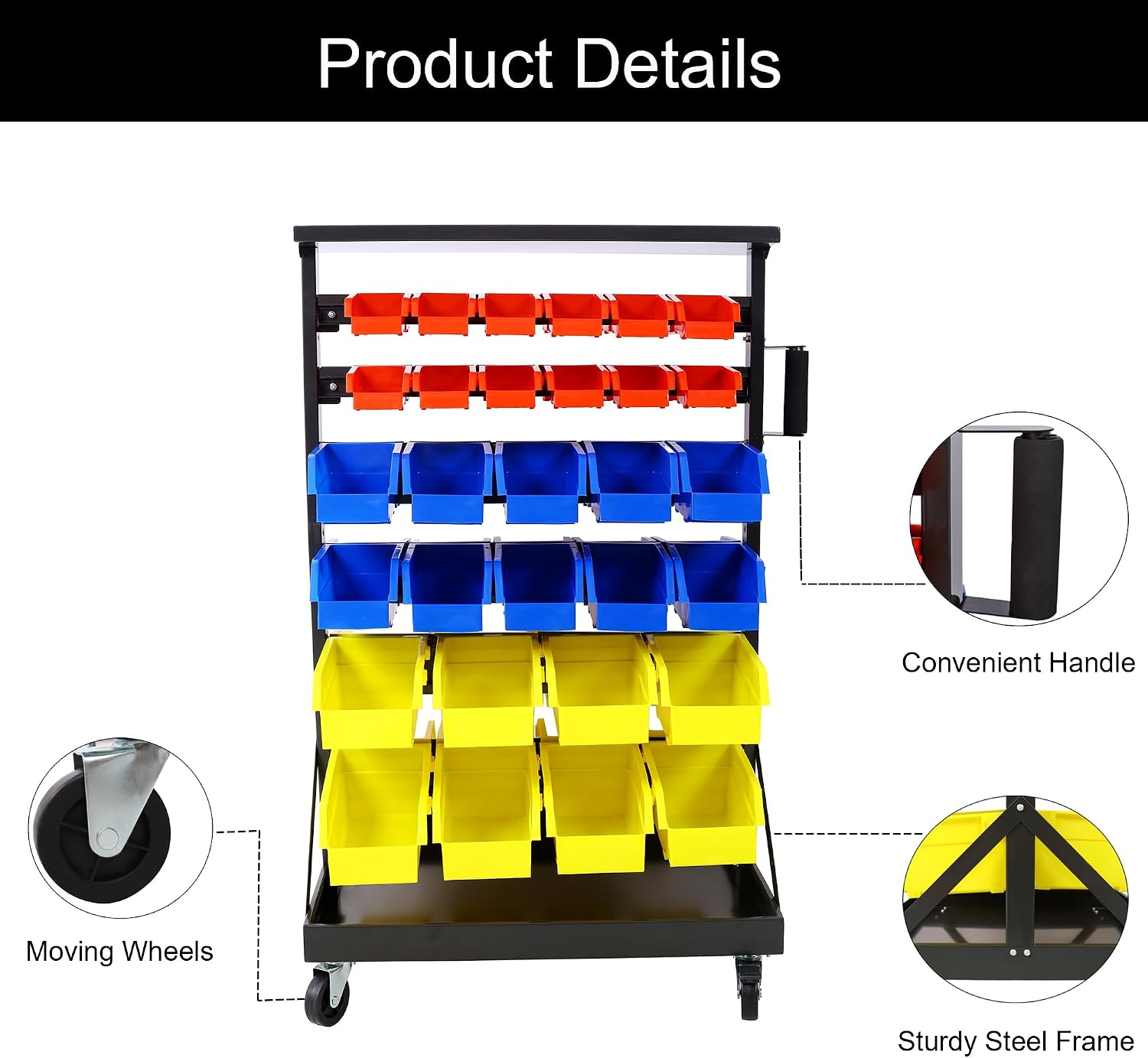 6-Tier Rolling Bin Stroage Rack with 60 Bins, Dual-Sided Parts Organizer with Wheels and Top Tray, Heavy Duty Tool Storage Rack for Workshop, Garage, Utility Use
