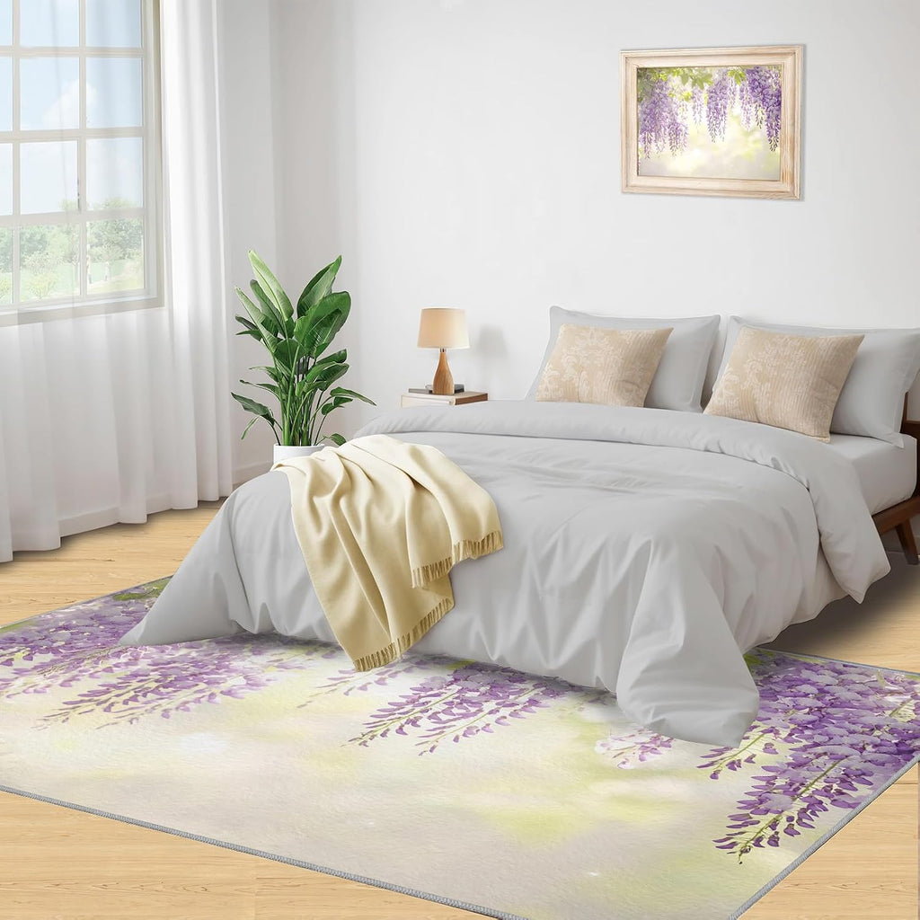 Lavender Rug Large - 6x8 Rug, Purple Wisteria Area Rugs for Bedroom, Modern Floral Rugs for Living Room, Nature Washable Mat, Aesthetic Carpet, Floral Home Decor & Gifts