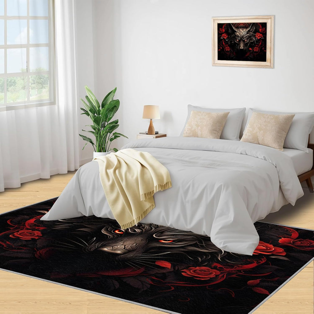Wolf Rug for Kids Room - 6x8 Large Rug, Wolf and Red Rose Rugs for Bedroom Brown Animals Wolf Area Rugs for Living Room Home Decor Washable Rug