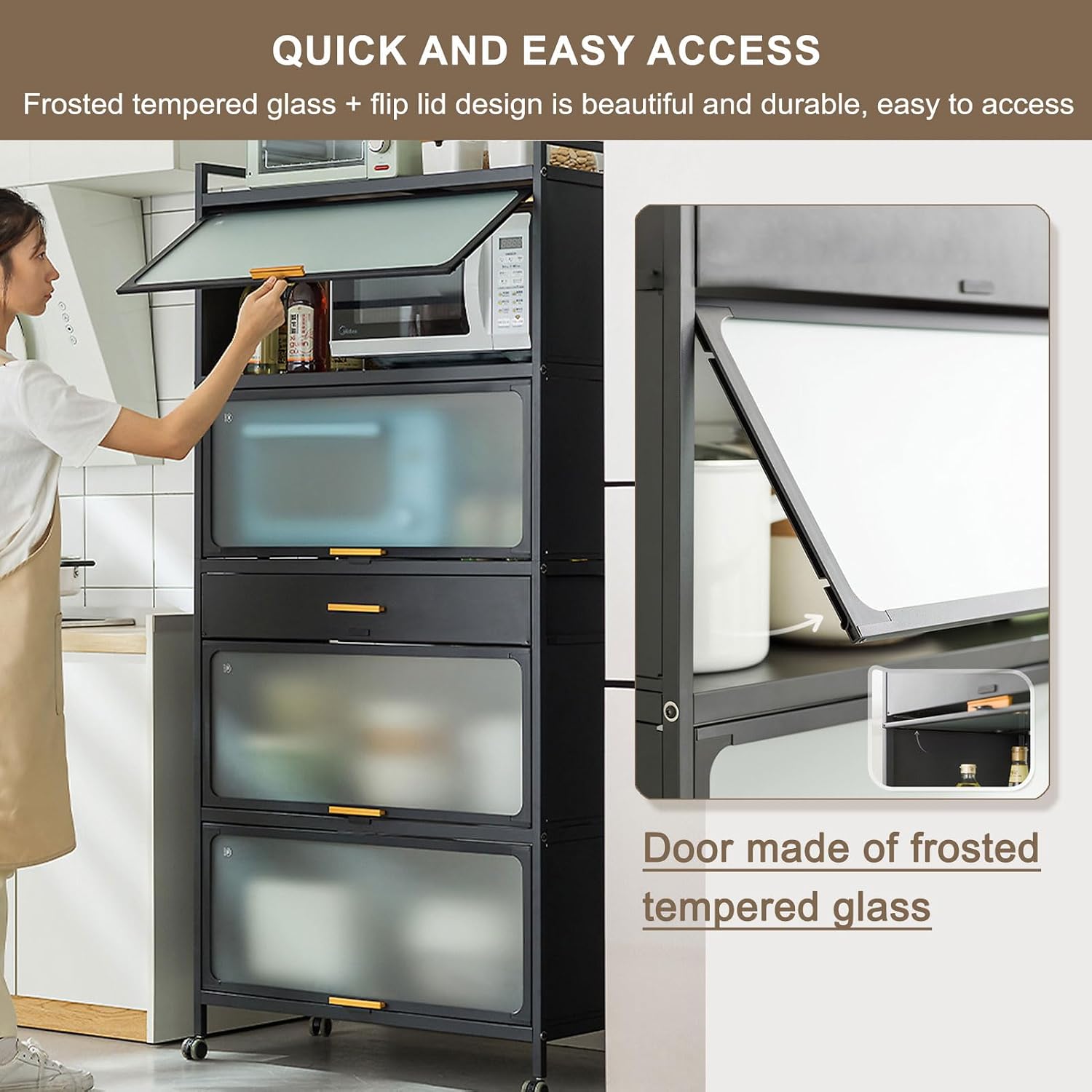 5 -Tier Kitchen Hutch with Flip Door Cabinet, Bakers Rack with Drawers, Coffee Cabinet Bar, Microwave Cart with Brakeable Casters, Pantry Cabinets for Kitchen Storage,White,60×135cm/23.6×53in