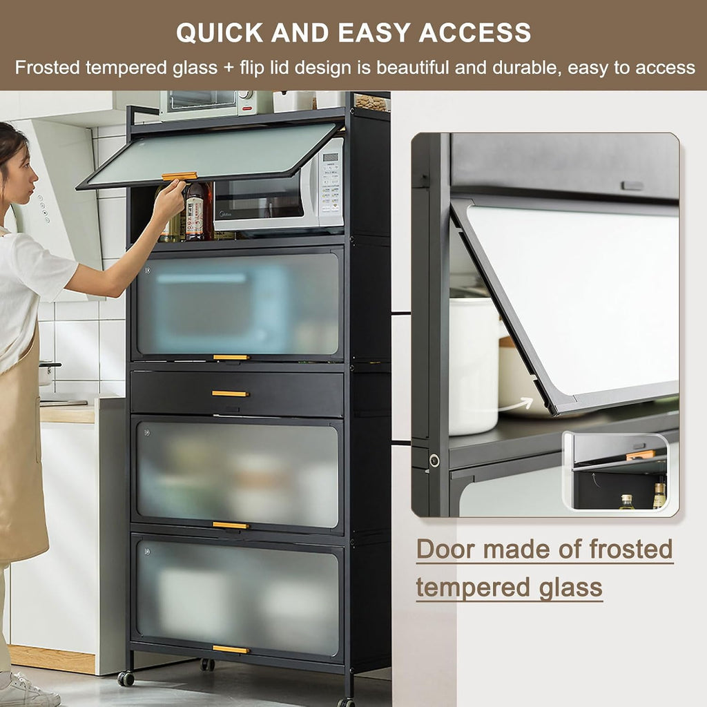 5 -Tier Kitchen Hutch with Flip Door Cabinet, Bakers Rack with Drawers, Coffee Cabinet Bar, Microwave Cart with Brakeable Casters, Pantry Cabinets for Kitchen Storage,White,60×102cm/23.6×40in