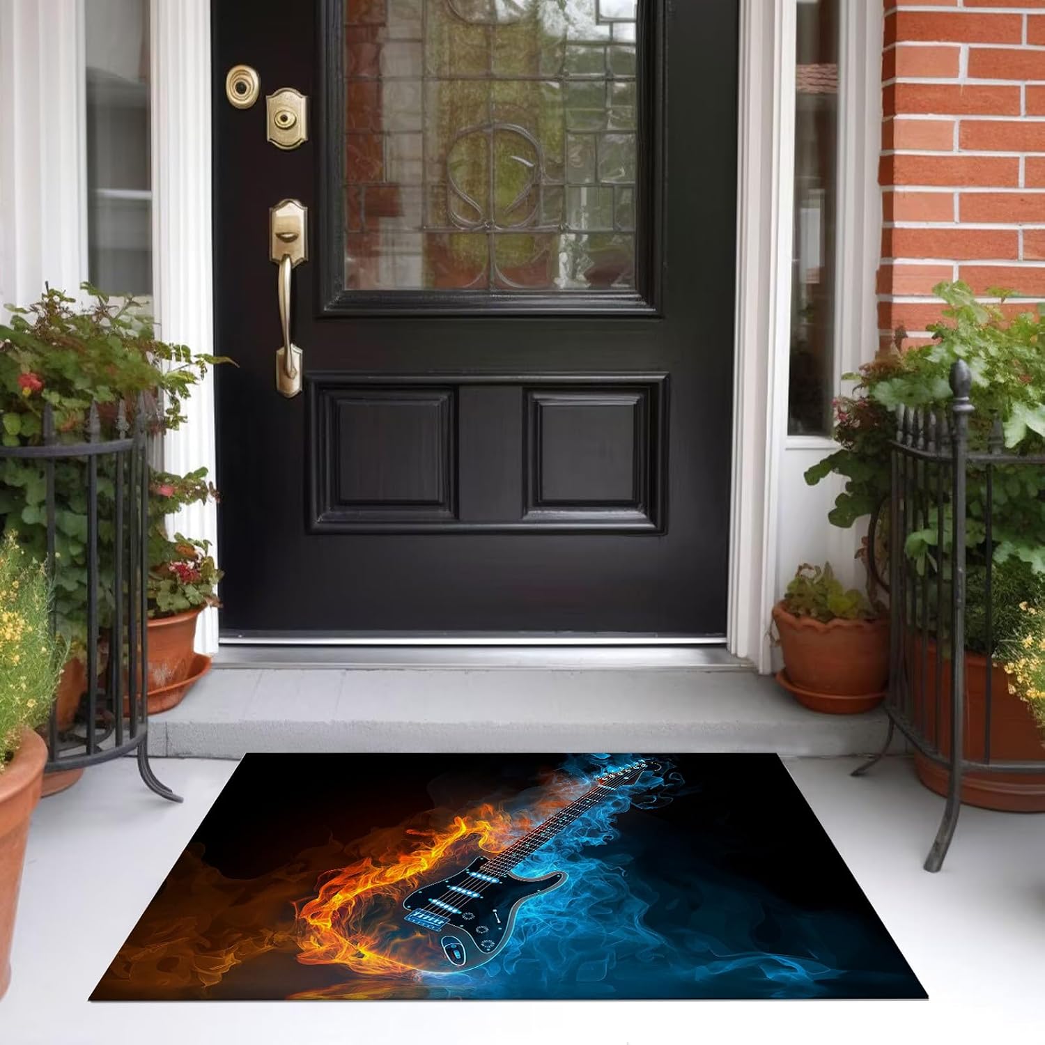 Living Room Rug 5' x 7' Blue Area Rug Machine Washable Music Theme Carpet Non Slip Flaming Guitar Indoor Large Rugs for Bedroom,Classroom,College Dorm,Farmhouse,Kids Playroom