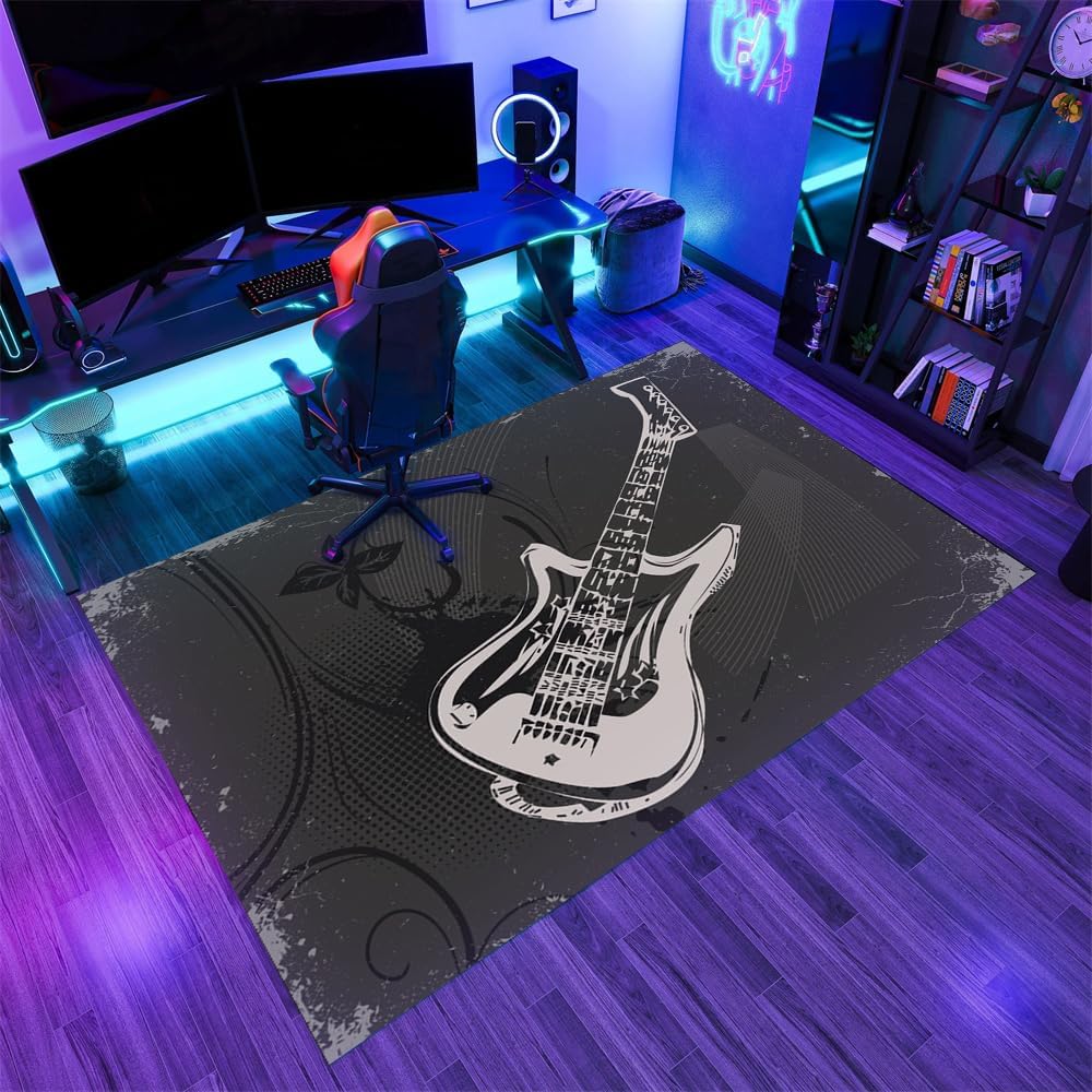 Modern Art Guitar Rug 6x8 Large Area Rugs Retro Black Music Rugs Ultra Soft Non Slip Washable Carpet for Teens Boys Girls Kids Living Room Bedroom Nursery Study Office Hallway