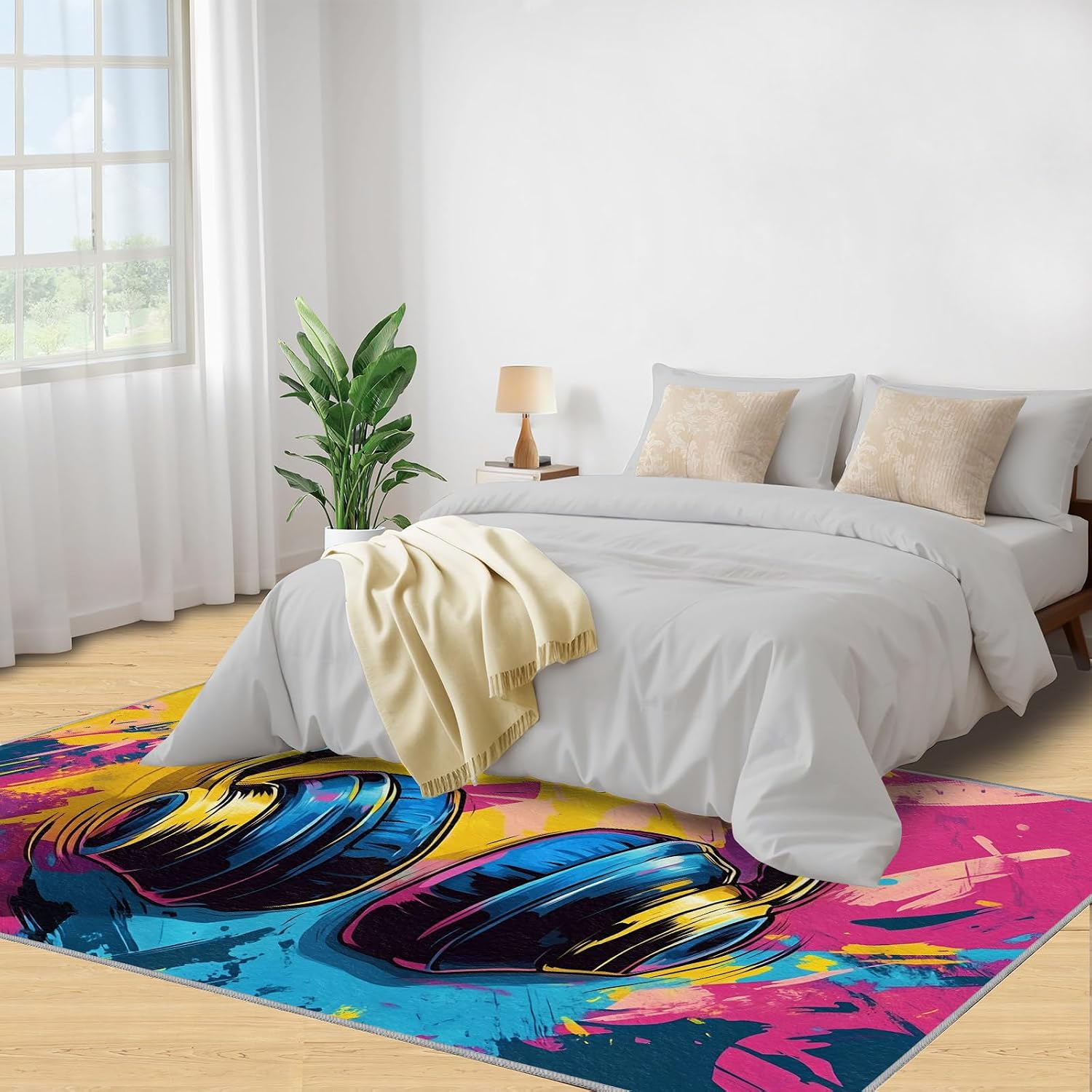 Graffiti Rug 6x8, Music Rugs for Bedroom, Earphone Area Rug, Home Decor Rugs for Living Room, Non-Slip Machine Washable Carpet