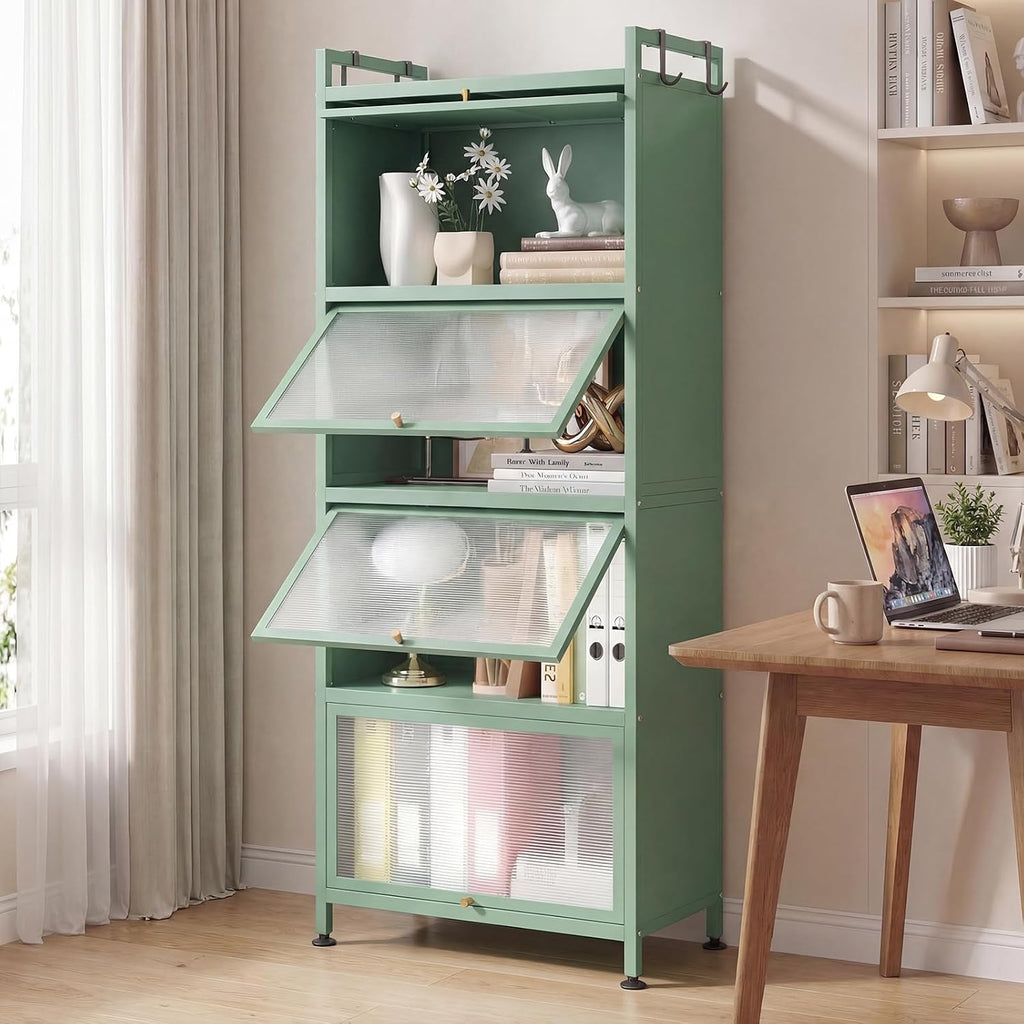 LDAILY 5-Tier Kitchen Storage Cabinet, Mobile Microwave Stand with Metal Frame, Double Anti-toppling Device, 4 Rolling Casters, Freestanding Bakers Rack for Kitchen, Dining Room, Living Room (Green)