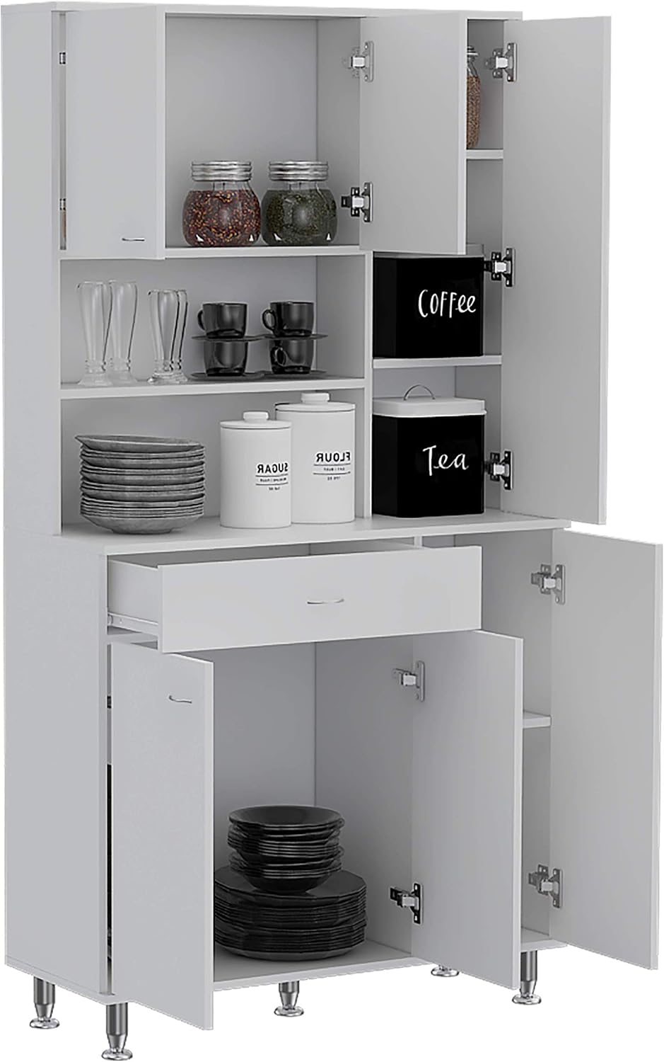 66' High-Capacity Freestanding Storage Cabinet, Kitchen Storage Bakers Rack with Multi-Shelves, Utility Food Cupboard with Drawer for Home Kitchen Areas, White