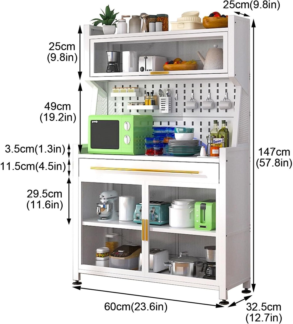 Microwave Stand with Storage, Kitchen Coffee Bar, Bakers Rack with Storage Cabinet, with Drawers, Hooks * 8, Foot Pads * 4(White,60cm)