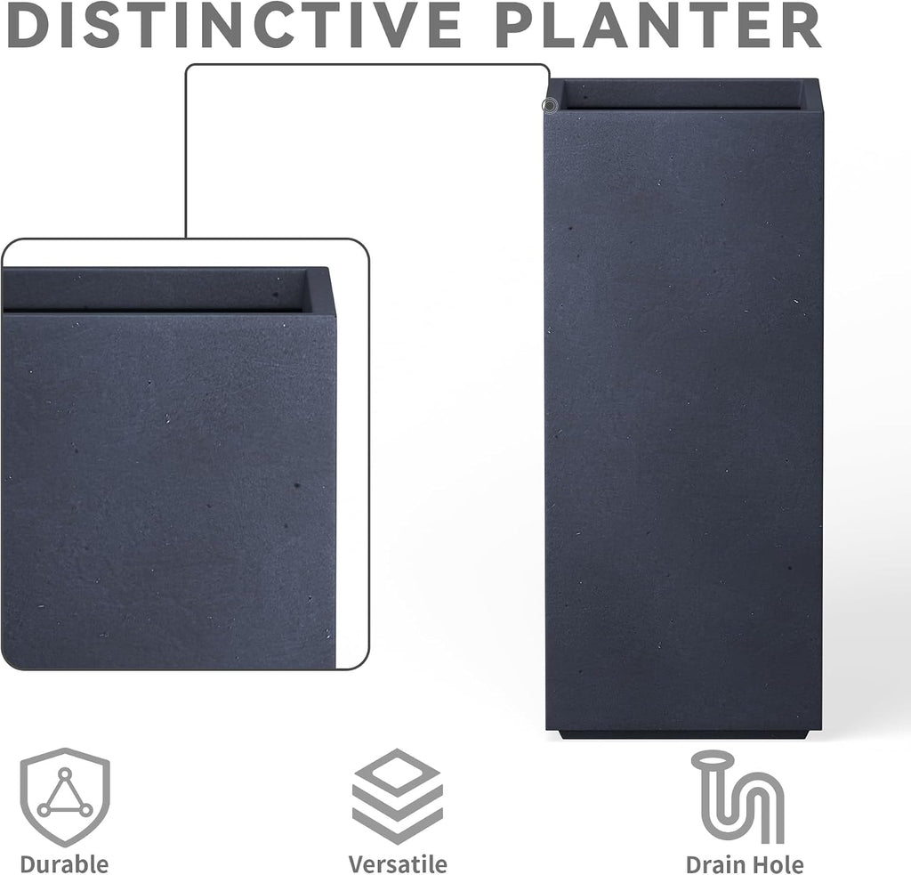Kante 27.6' H Tall Rectangular Concrete Planter, Modern Square Diameter Plant Pot with Drainage Hole and Rubber Plug for Indoor Outdoor Home Patio Garden, Charcoal