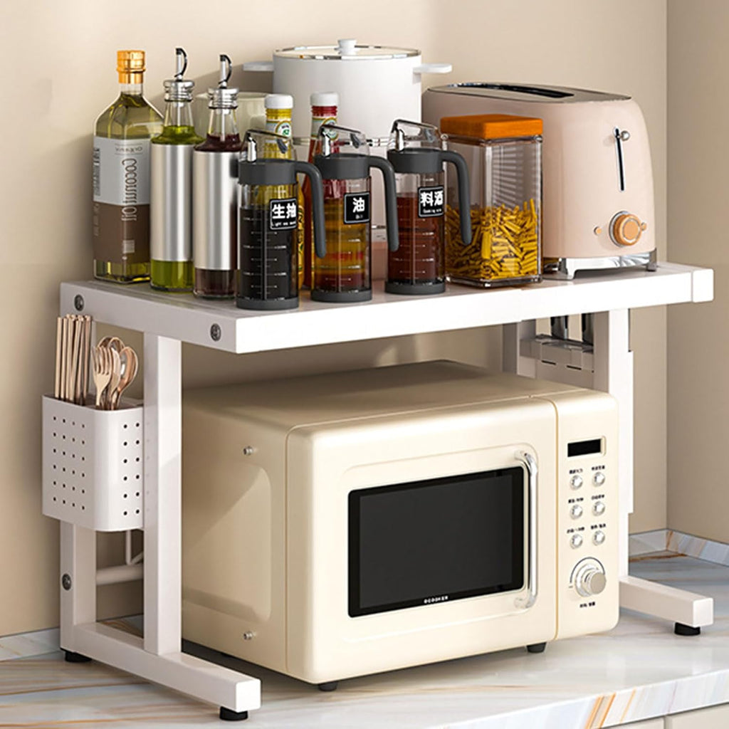Adjustable 2-Tier Microwave Oven Shelf, Extendable Kitchen Storage Rack with Chopstick Holder, Space-Saving Baker Stand for Countertop, White