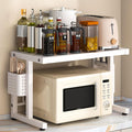 Adjustable 2-Tier Microwave Oven Shelf, Extendable Kitchen Storage Rack with Chopstick Holder, Space-Saving Baker Stand for Countertop, White
