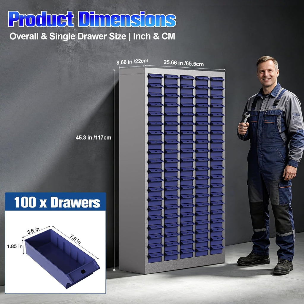 100 Drawers Nut and Bolt Organizer, 45 Inch Tall Steel Hardware Organizer with Adjustable Dividers & Labels, Large Capacity Heavy Duty Parts Cabinet for Garage Workshop Industrial Use