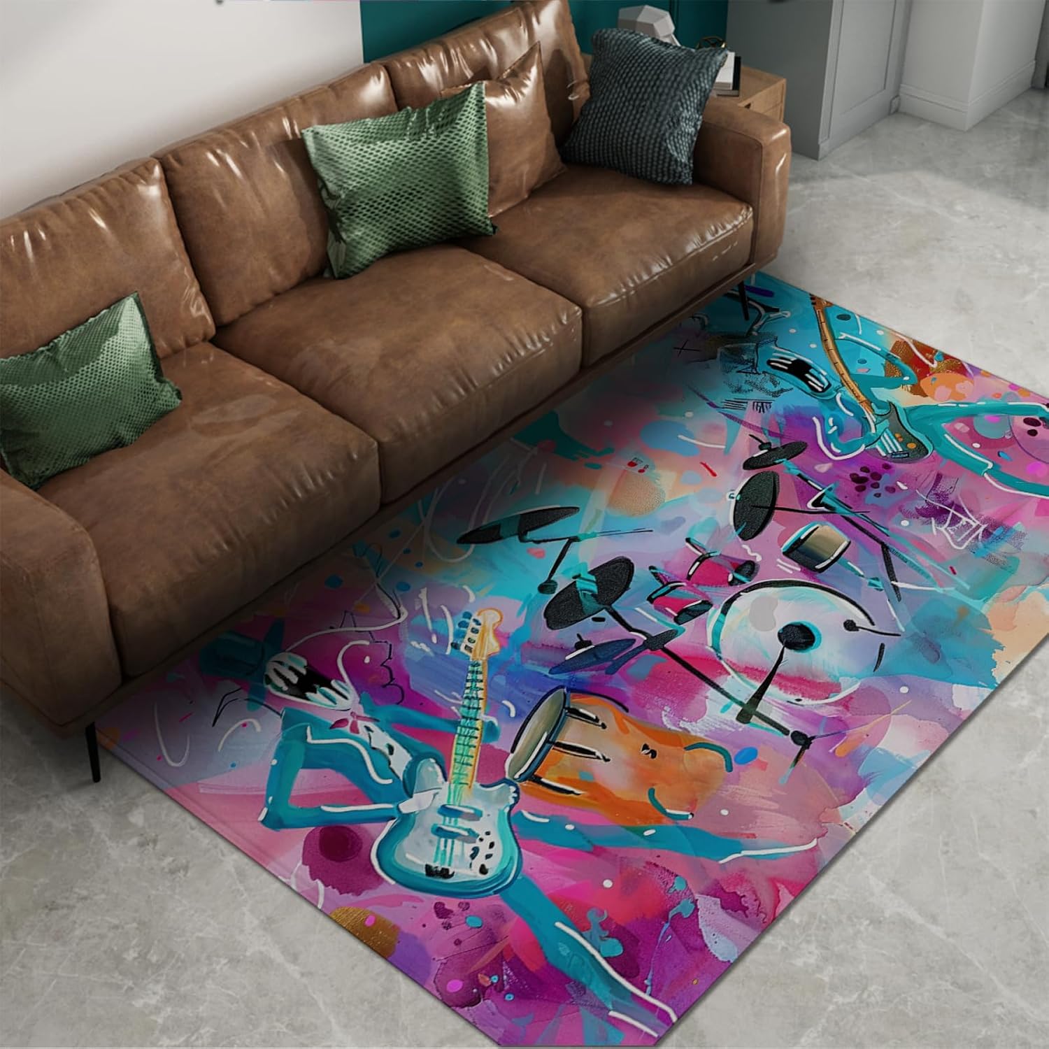 Colorful Graffiti Area Rug 4'x5' - Guitar and Drums Cartoon Painting Style Carpet Music Lover Indoor Mat for Bedroom Living Room