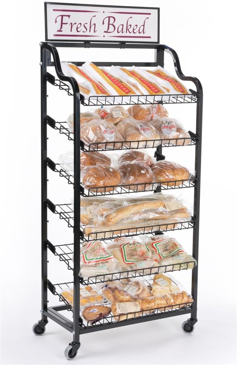 Displays2go Metal Wire Rack Storage Unit with Tilting Shelves, Two Types of Sign Holders, Locking Wheels and Fresh Baked Header, 64 Inch, Black (BAKCRT6NBK)