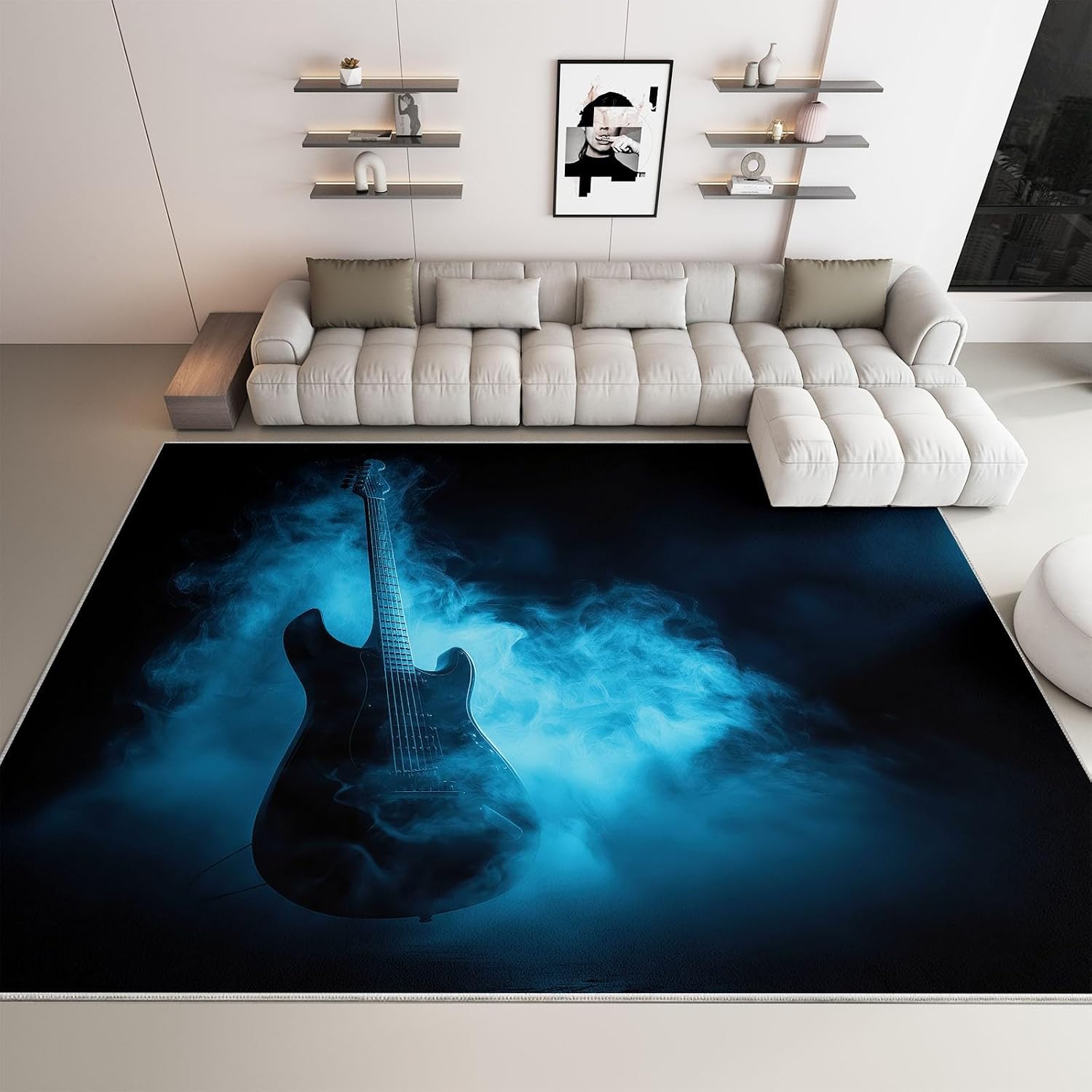 Machine Washable Music Guitar Stripes Area Rugs 6' x 8', Non-Slip Abstract Art Large Area Rugs Stain Resistant Print Carpet for Home Decor, Kid Pet Friendly Mat