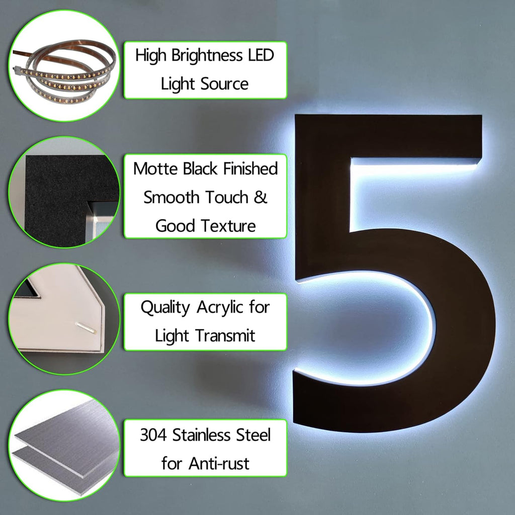 14' Modern Metal House Numbers Plaques With Lights, Backlit LED Door Number Plaques For Wall, Personalised Illuminated Door Plaques For Outside Home,N